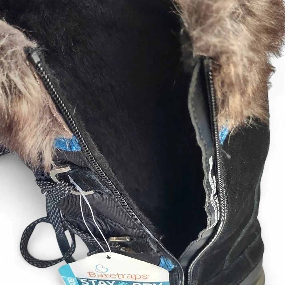 Baretraps Women's Black Winter Boots W/Faux Fur & Blue Trim 